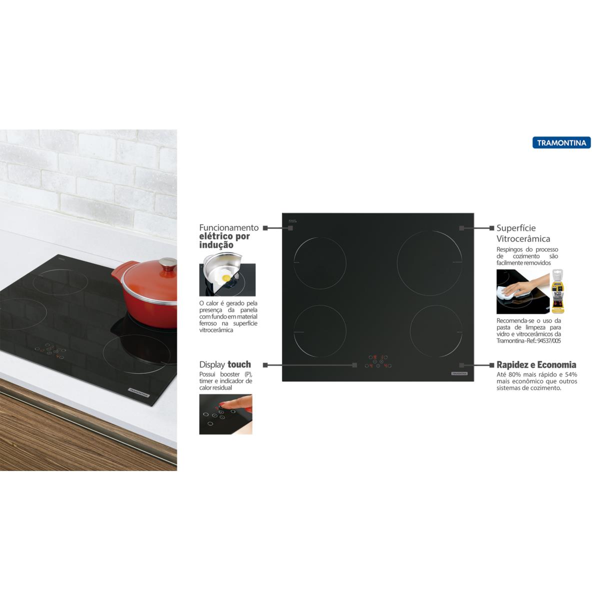 Cooktop por Indução Tramontina Square Touch Preto com 4 bocas e