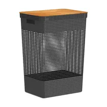Ou Cesto de Roupas Grid 49L Tampa Bambu Preto Fecha
