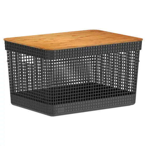 Ou Cesto Organizador Grid Com Tampa De Bambu 20 Litros - Preto