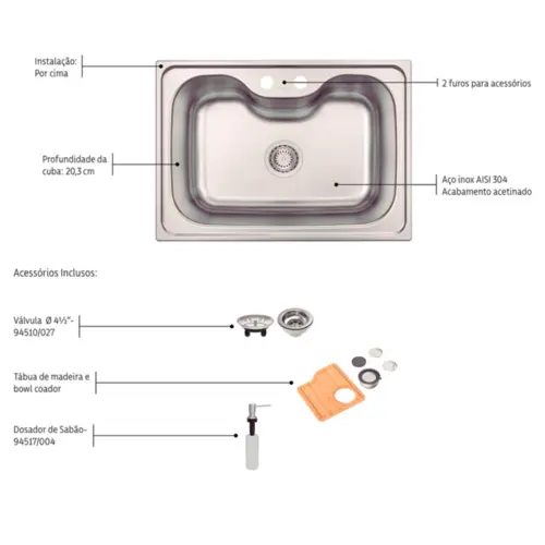 Tramontina Cuba 60x39cm Morgana Inox C/Dosador/Tabua/Bowl/Ralador