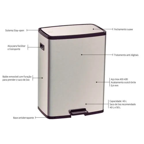 Tramontina Lixeira 45l Octos Inox
