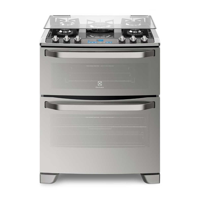Fogão Electrolux 5 Bocas Prata Automático com Mesa de Vidro e 2 Fornos ...