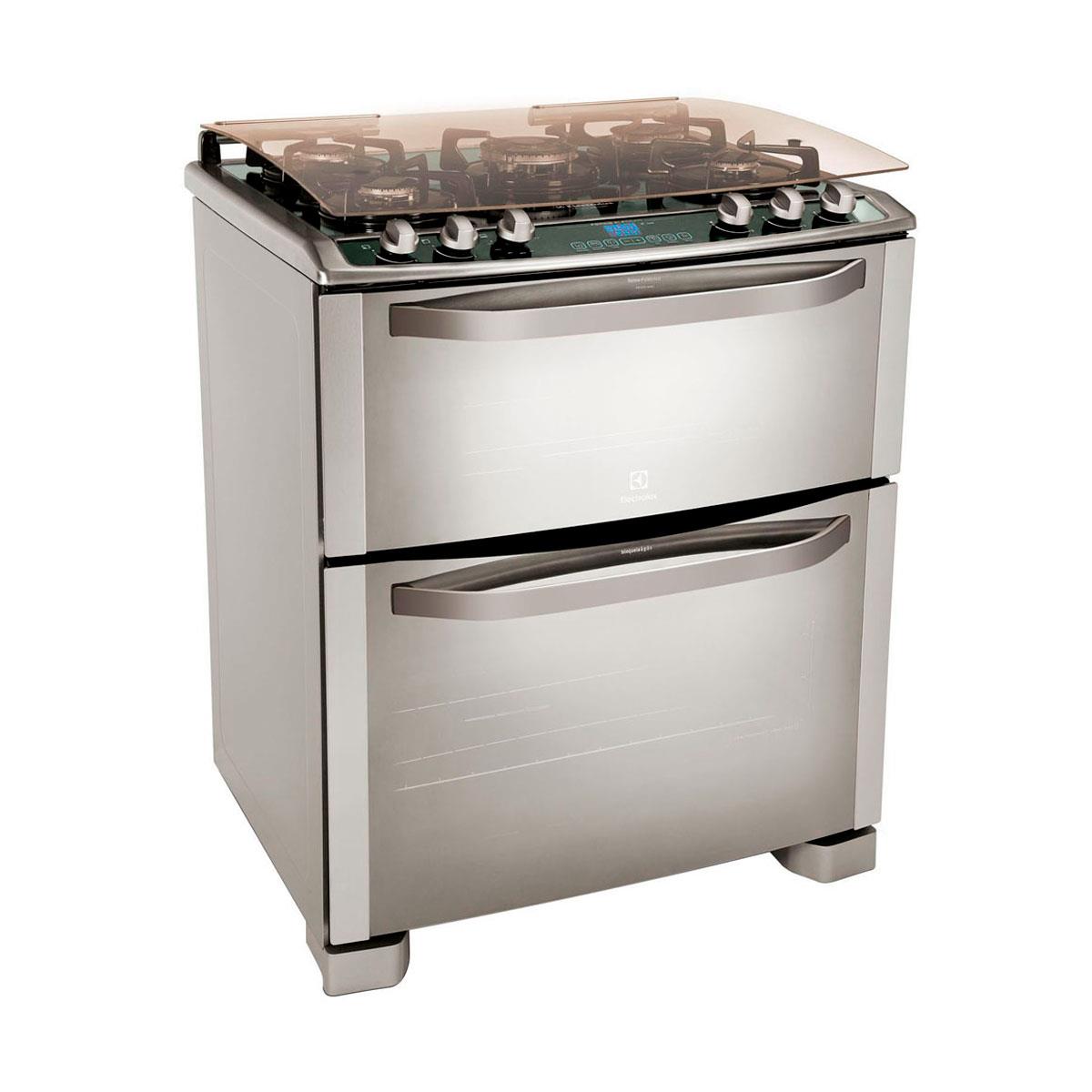 Fogão Electrolux 76GDX Inox 5 bocas, Forno Duplo, Mesa de Vidro, Grill ...